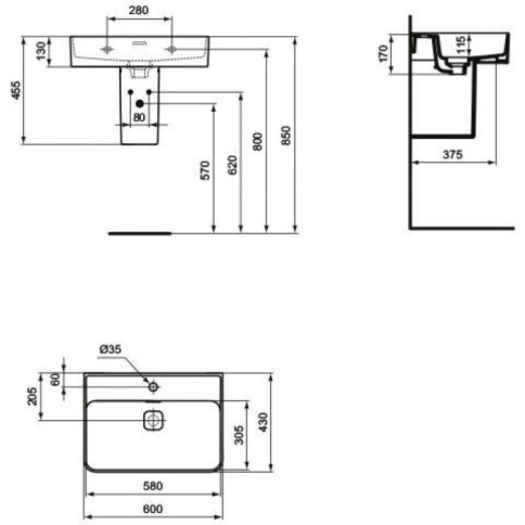 Νιπτήρας επίτοιχος 60x43x17 από πορσελάνη, χρώμα: Λευκό επιφάνεια: Γυαλιστερή Νιπτήρας επίτοιχος 60x43x17 από πορσελάνη, χρώμα: Λευκό επιφάνεια: Γυαλιστερή