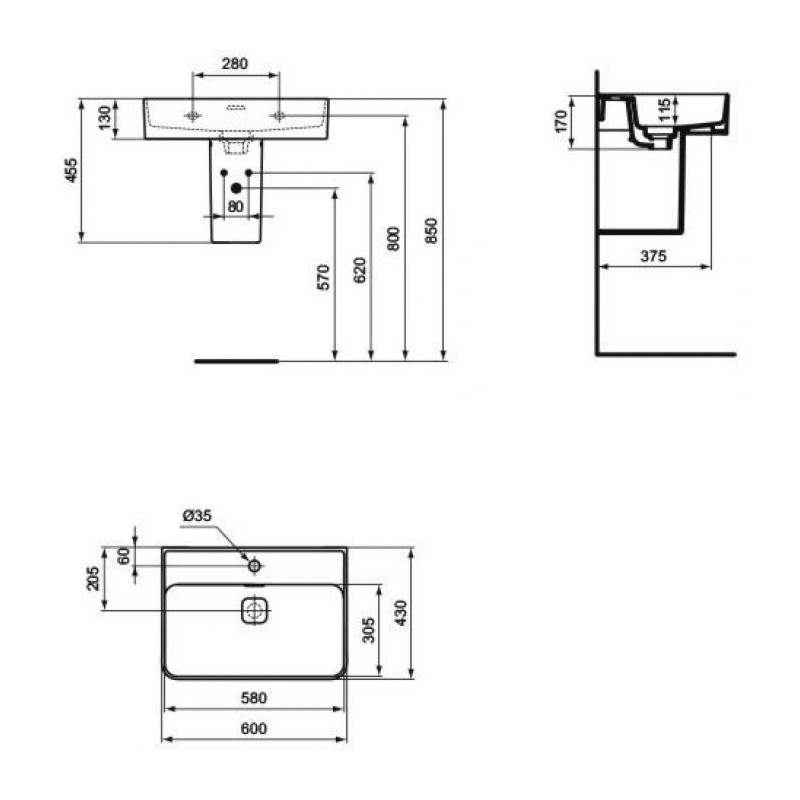 Νιπτήρας επίτοιχος 60x43x17 από πορσελάνη, χρώμα: Λευκό επιφάνεια: Γυαλιστερή