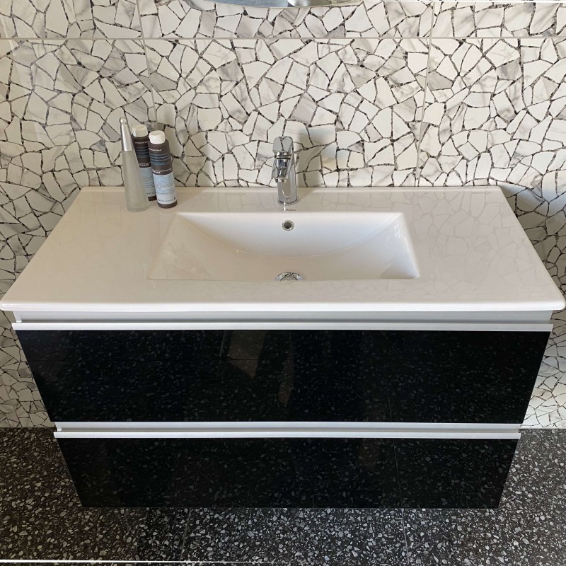 Έπιπλο μπάνιου κομπλέ με νιπτήρα, 100x46,2x61,4 από ξύλο συνθετικό επίτοιχου τύπου, χρώμα: Μαύρο